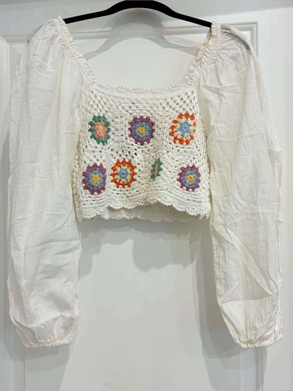 Aerie Crochet Granny Square Crop Top Puff‎ Sleeve Size S Cream Milkmaid